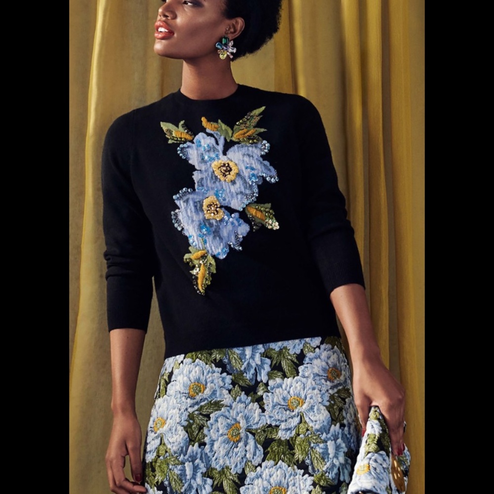 Escada 2018 cashmere wool Black Sweater with Blue Floral Sequin Design